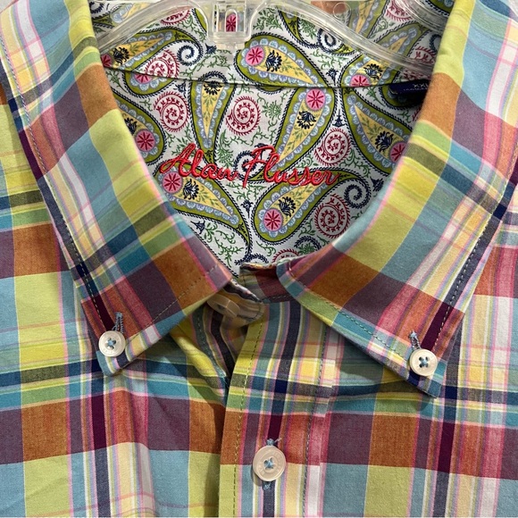 Alan Flosser Rainbow Plaid Button Down Paisley Inside Cuffs & Collar Back Pleat - Picture 3 of 7